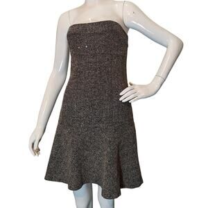 Bebe Strapless Tweed Dress 8 Black Wool Sequin Trim Fit Flare Mini Chic